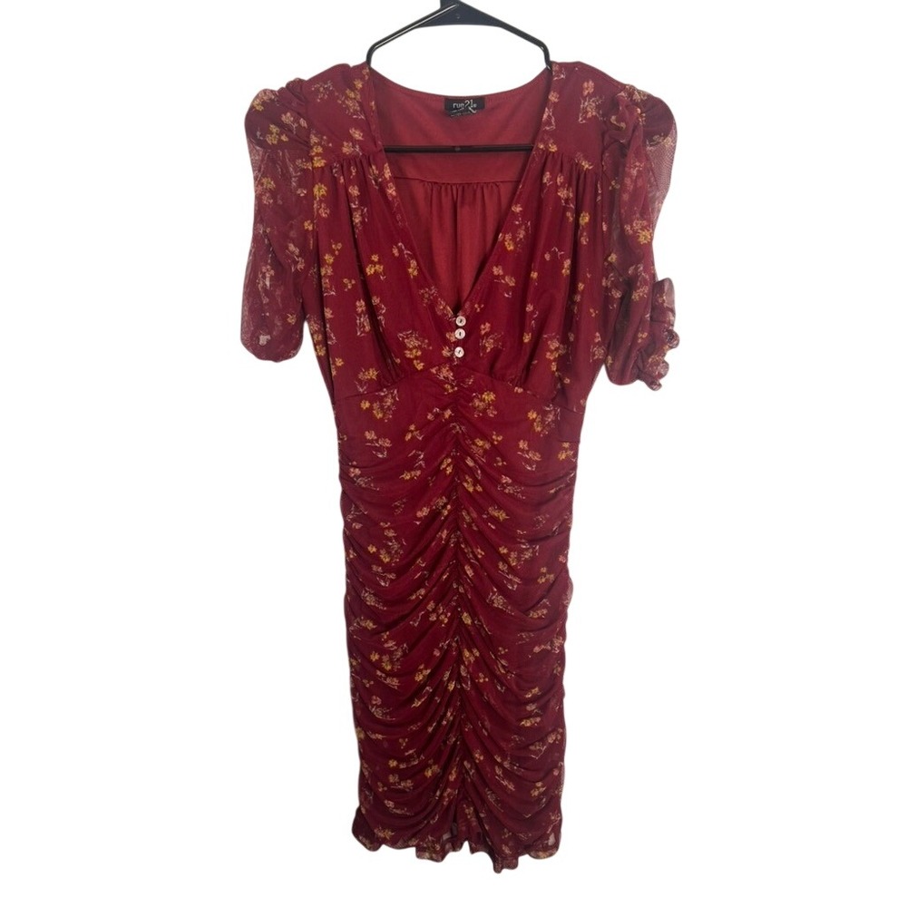 Sm Burgundy Floral Mesh Ruched Dress Short Puff Sleeve Boho Cottage Whimsy Y2K